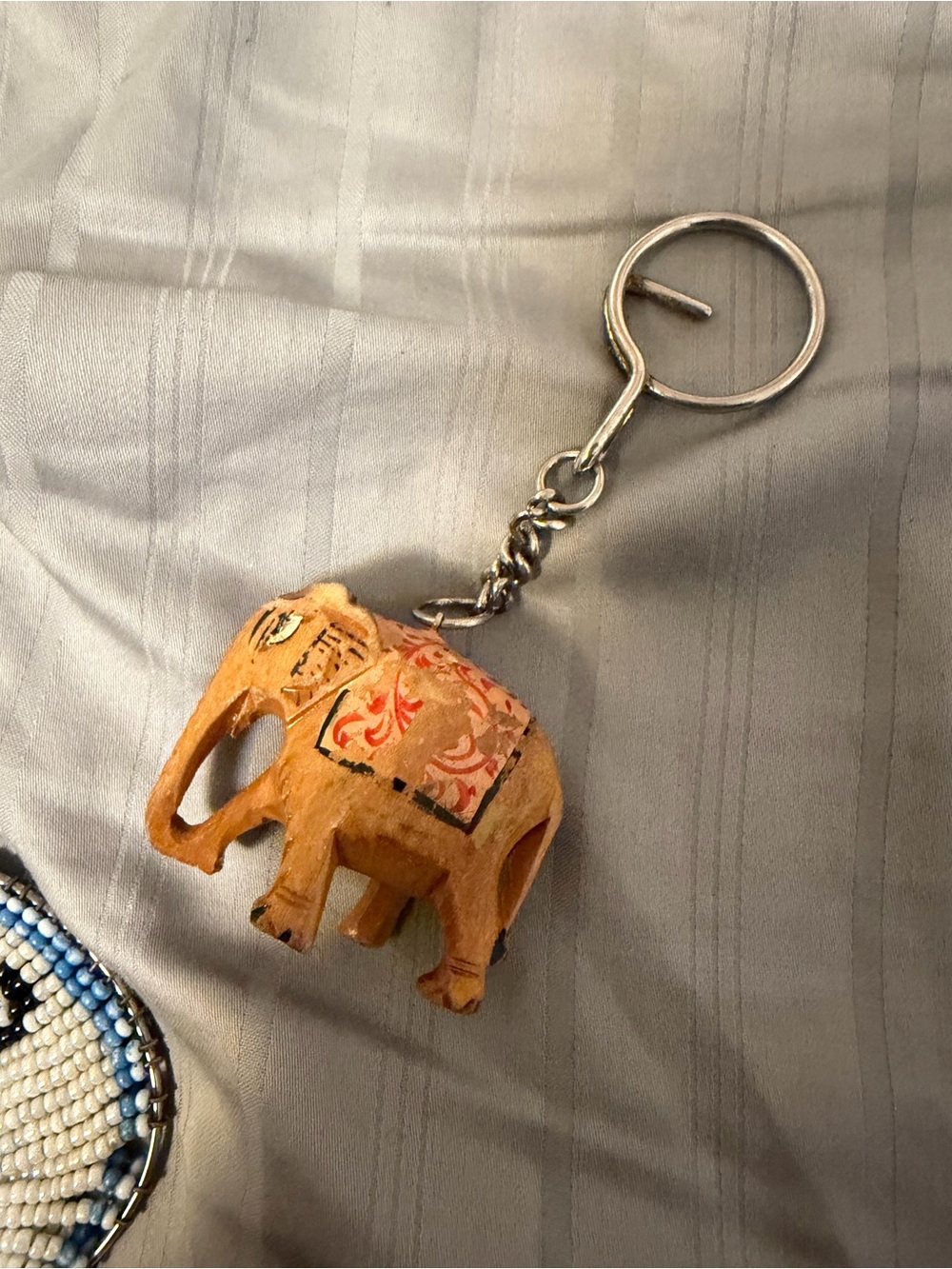 Hand-Carved Wooden Elephant Keychain - Tan